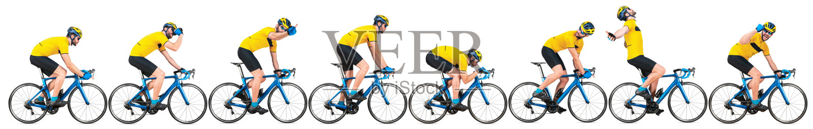 专业的自行车公路赛车手集合在黄色的球衣上轻量级的蓝色碳赛车在各种姿势的位置和姿态孤立的宽白色全景背景照片摄影图片