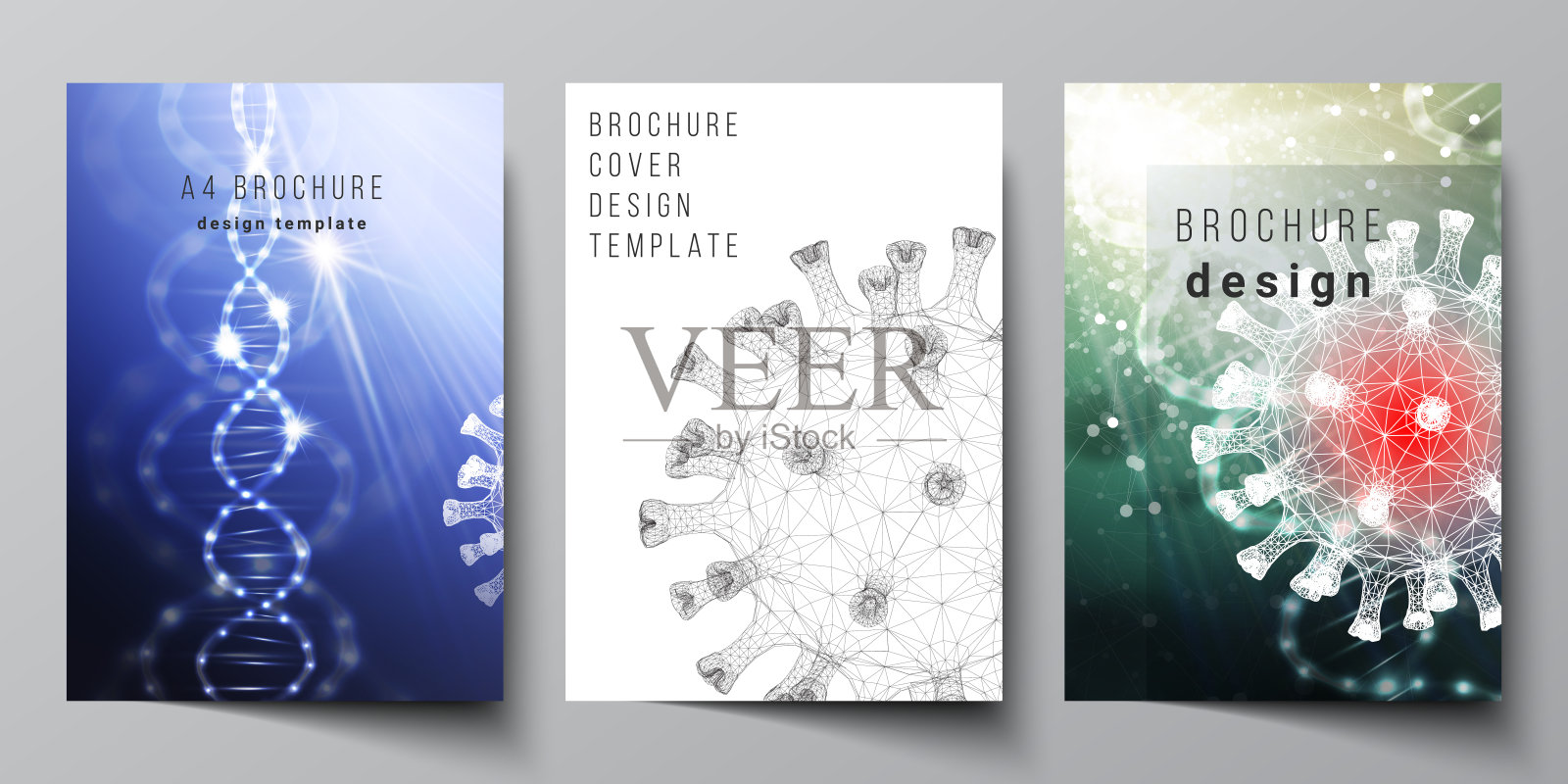矢量布局A4封面模型模板的宣传册,传单布局,小册子,封面设计,书籍设计。冠状病毒的3d医学背景。Covid - 19,冠状病毒感染。病毒的概念。设计模板素材