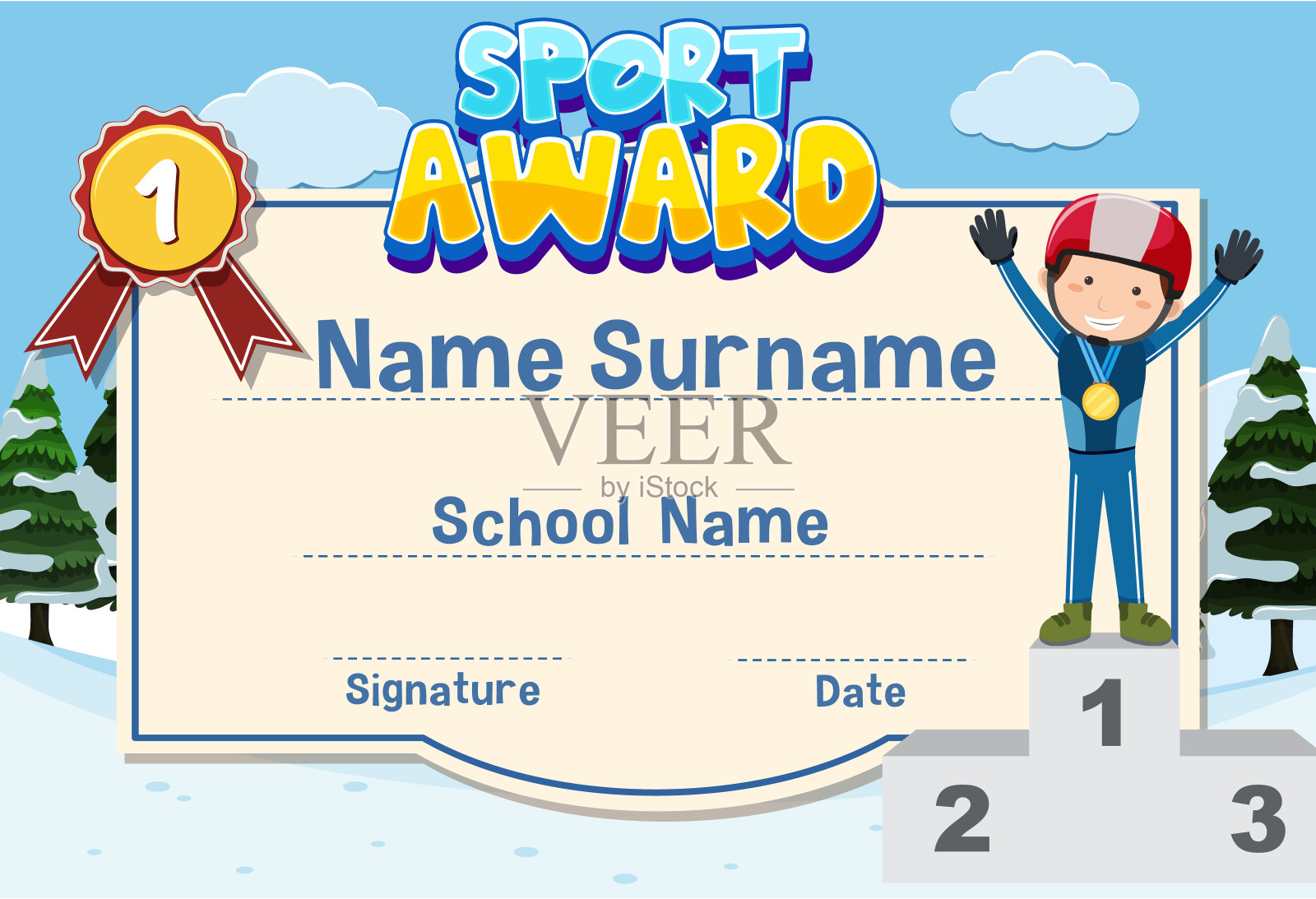 证书模板设计运动奖与运动员微笑插画图片素材