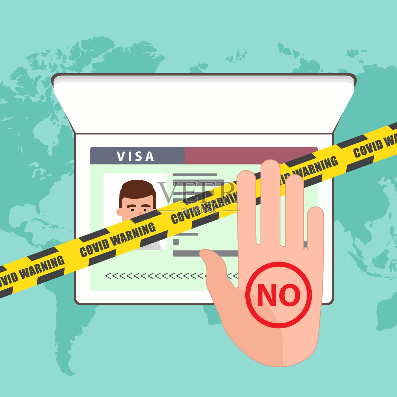 由于冠状病毒感染的威胁而被拒签。实际情况。平面的概念。插画图片素材