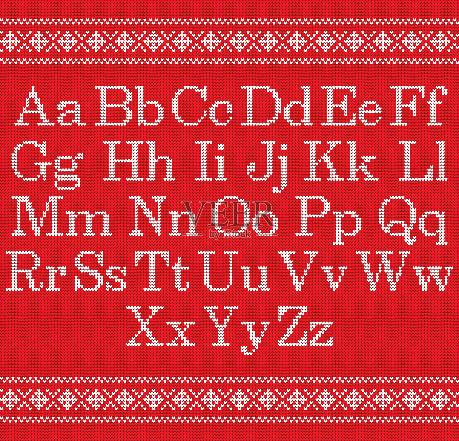 红色背景针织字体。圣诞编织字母上无缝图案。北欧fairisle编织边界。毛衣圣诞冬季设计。手工艺品信为毛衣,编织挪威纺织品。插画图片素材