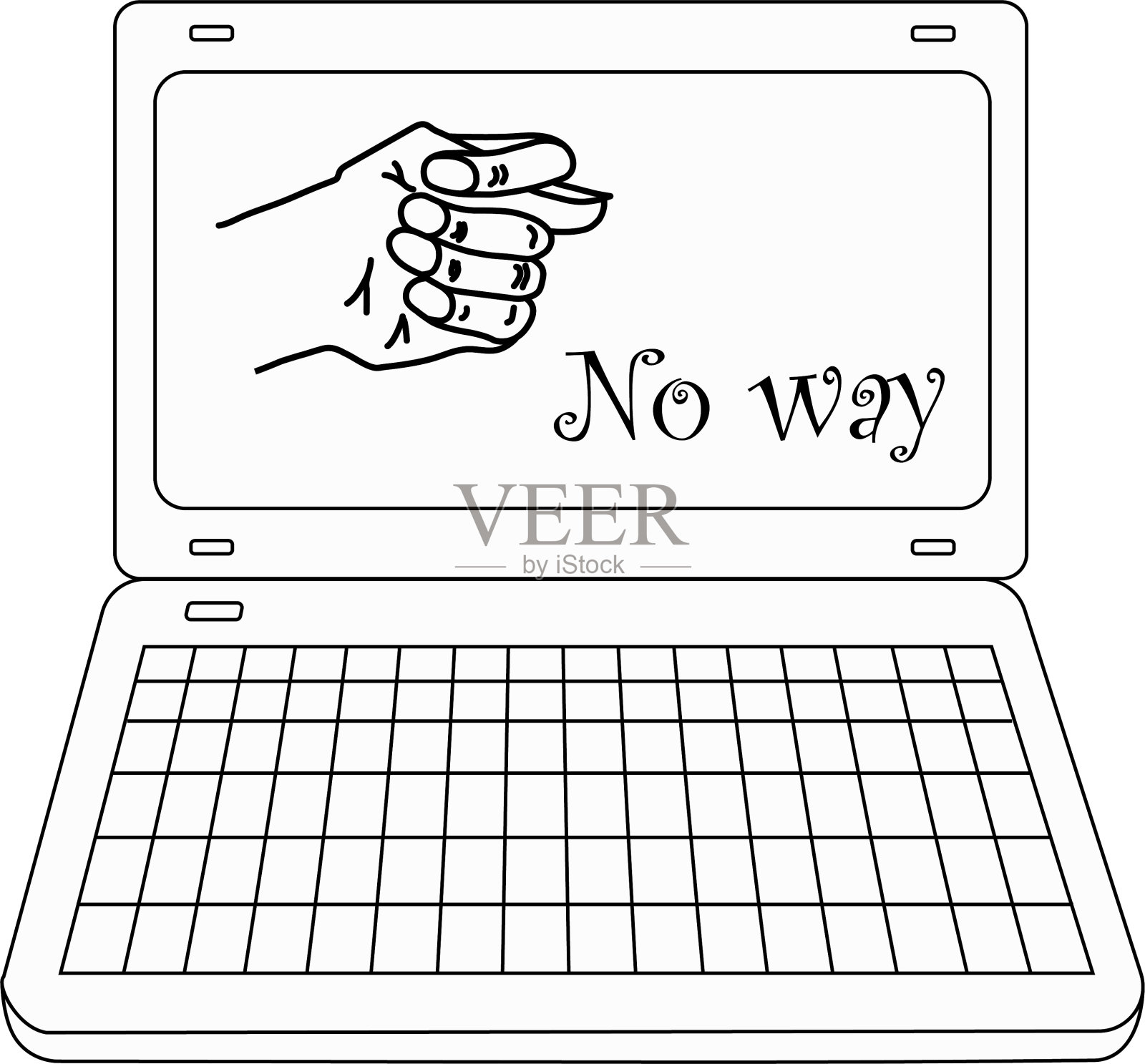 矢量插图或图片孤立地打开笔记本电脑,pc电脑,笔记本电脑或电脑在白色背景上用fico或fig手势绘制,用黑线显示或屏幕上用文字表示不可能插画图片素材