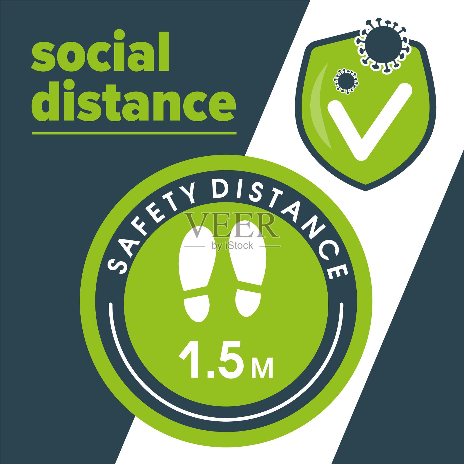 模板绿色圆形贴纸,告诉您保持1.5米的距离,以避免传播冠状病毒。绿色护盾。防护新冠肺炎,医疗卫生。卡通风格插画图片素材