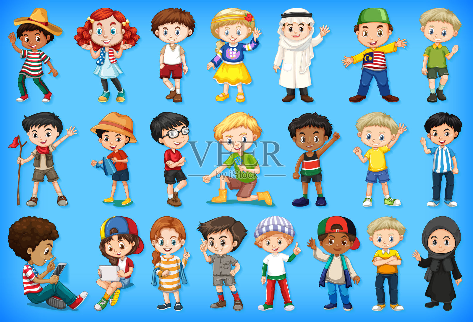 一大群孩子在做不同的活动插画图片素材