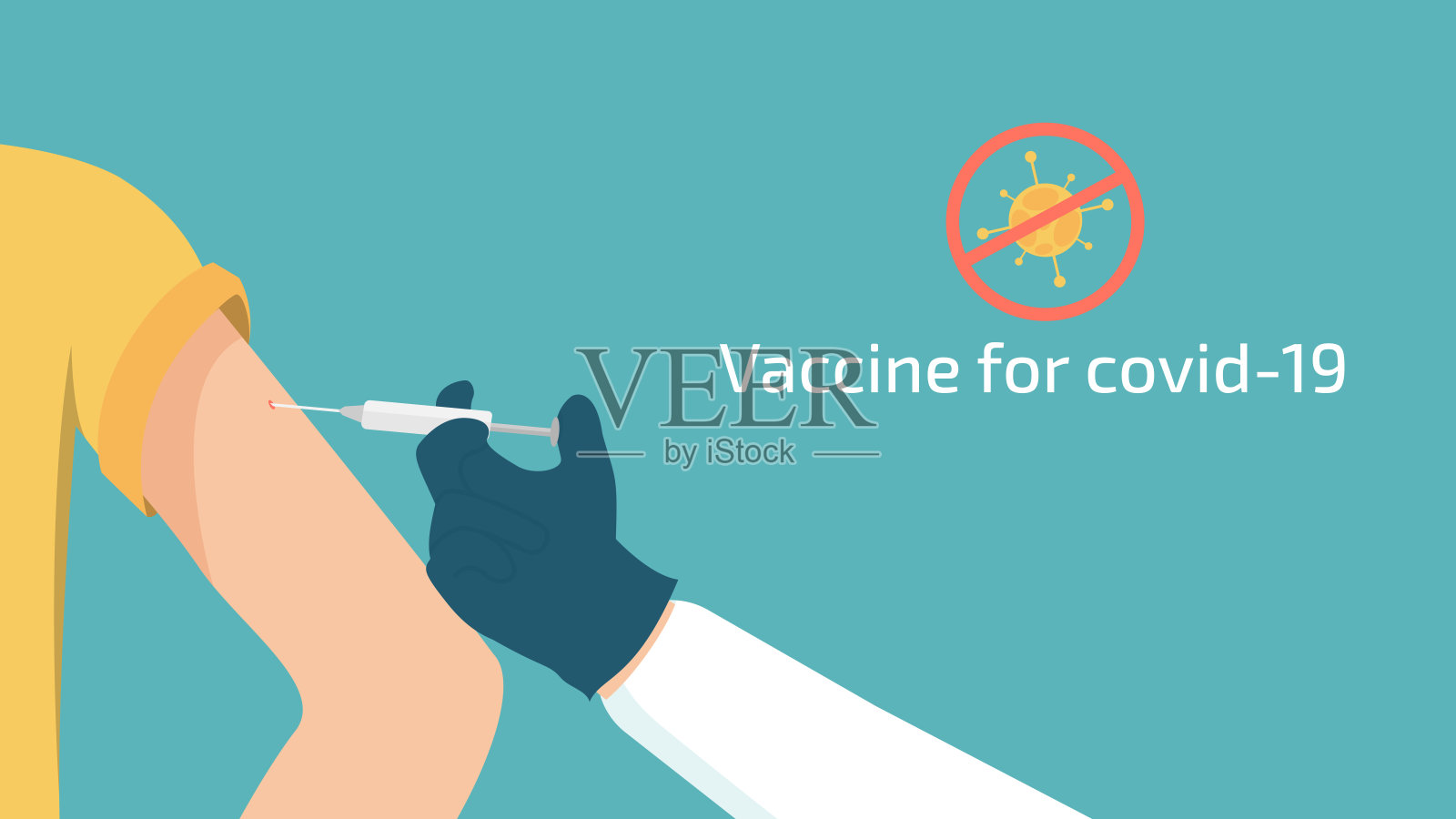 手持注射器,手臂接种疫苗,阻止冠状病毒。插画图片素材