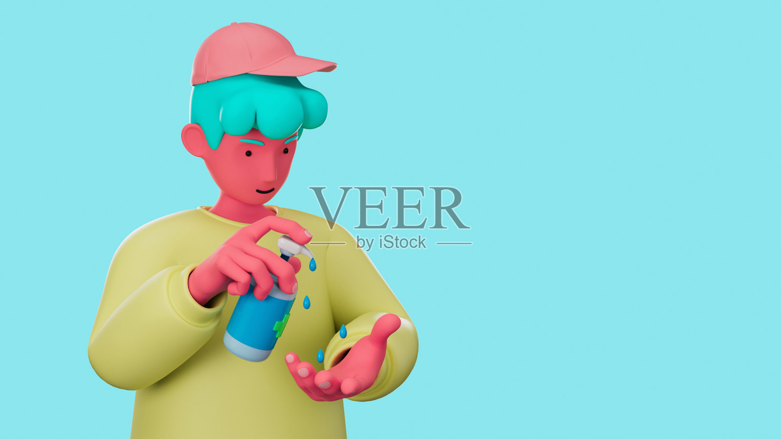 3d插图卡通人物使用酒精洁手凝胶保护流感和冠状病毒COVID-19。插画图片素材