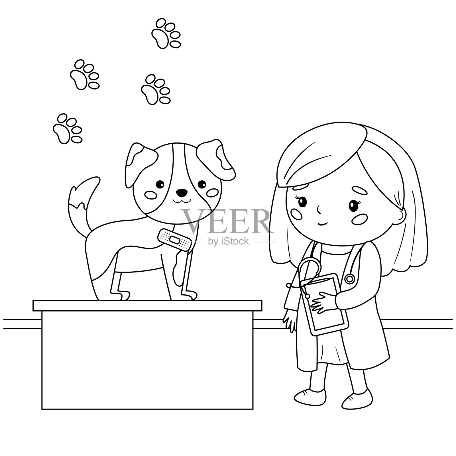 卡通卡哇伊兽医和贴着绷带的狗。插画图片素材