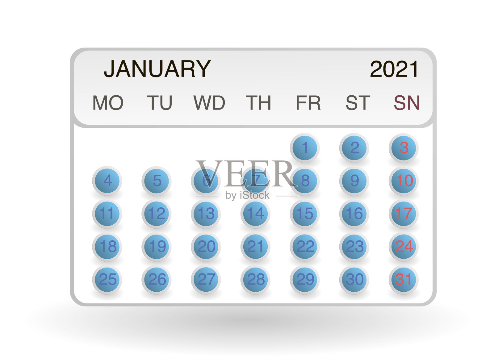 设计日历2021年的时尚风格。网站设计,标志,图标,应用程序,UI/UX日历的月签。矢量插图符号的日历。一周从星期一开始。1月插画图片素材