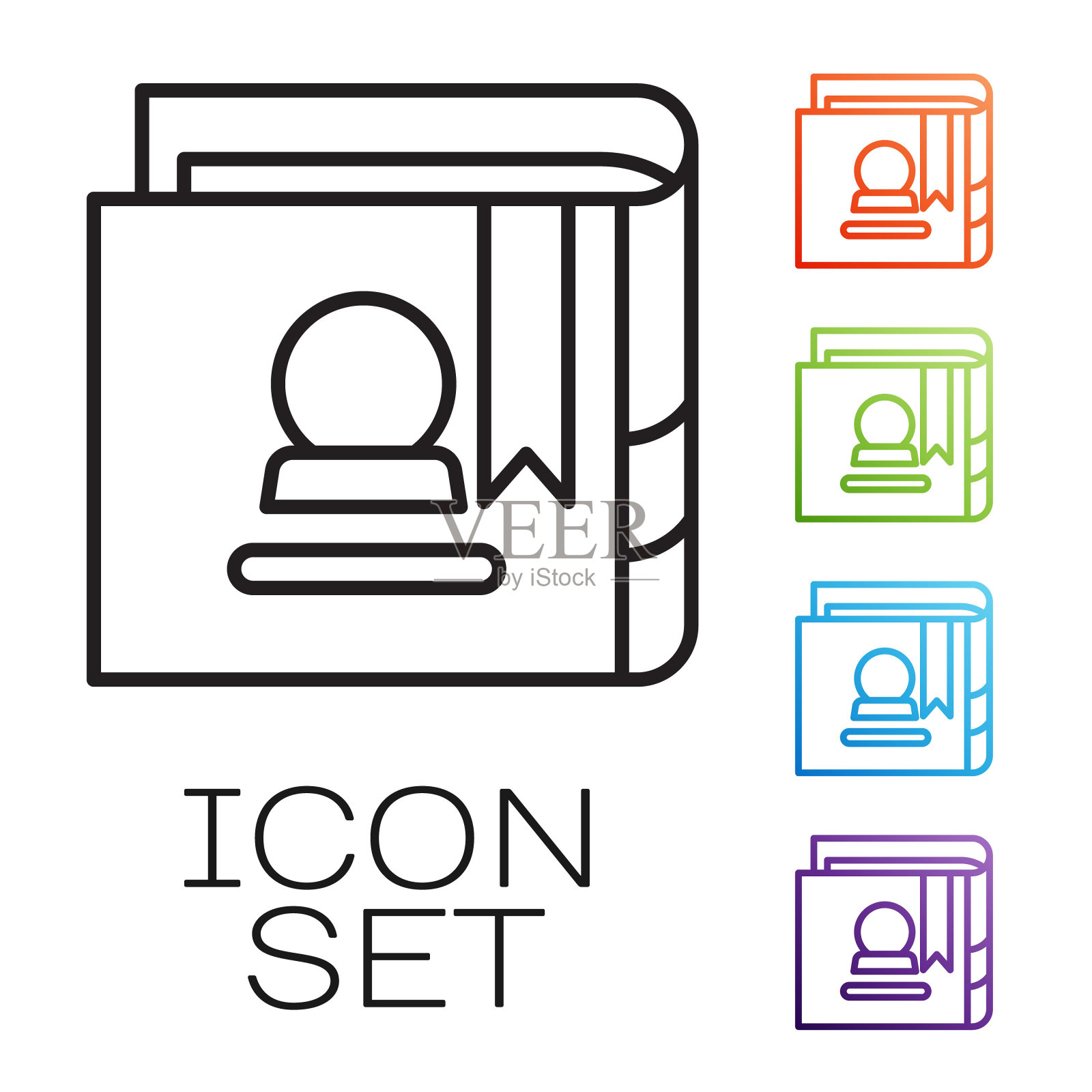 黑线古老的魔法书与炼金术配方和神秘的咒语和结界图标孤立在白色的背景。设置图标丰富多彩。矢量图图标素材