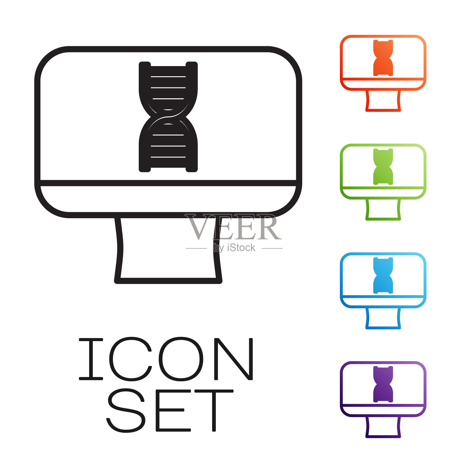 黑线DNA螺旋和电脑显示器图标孤立在白色背景上。多边形医学技术研究网格艺术。设置图标丰富多彩。矢量图图标素材