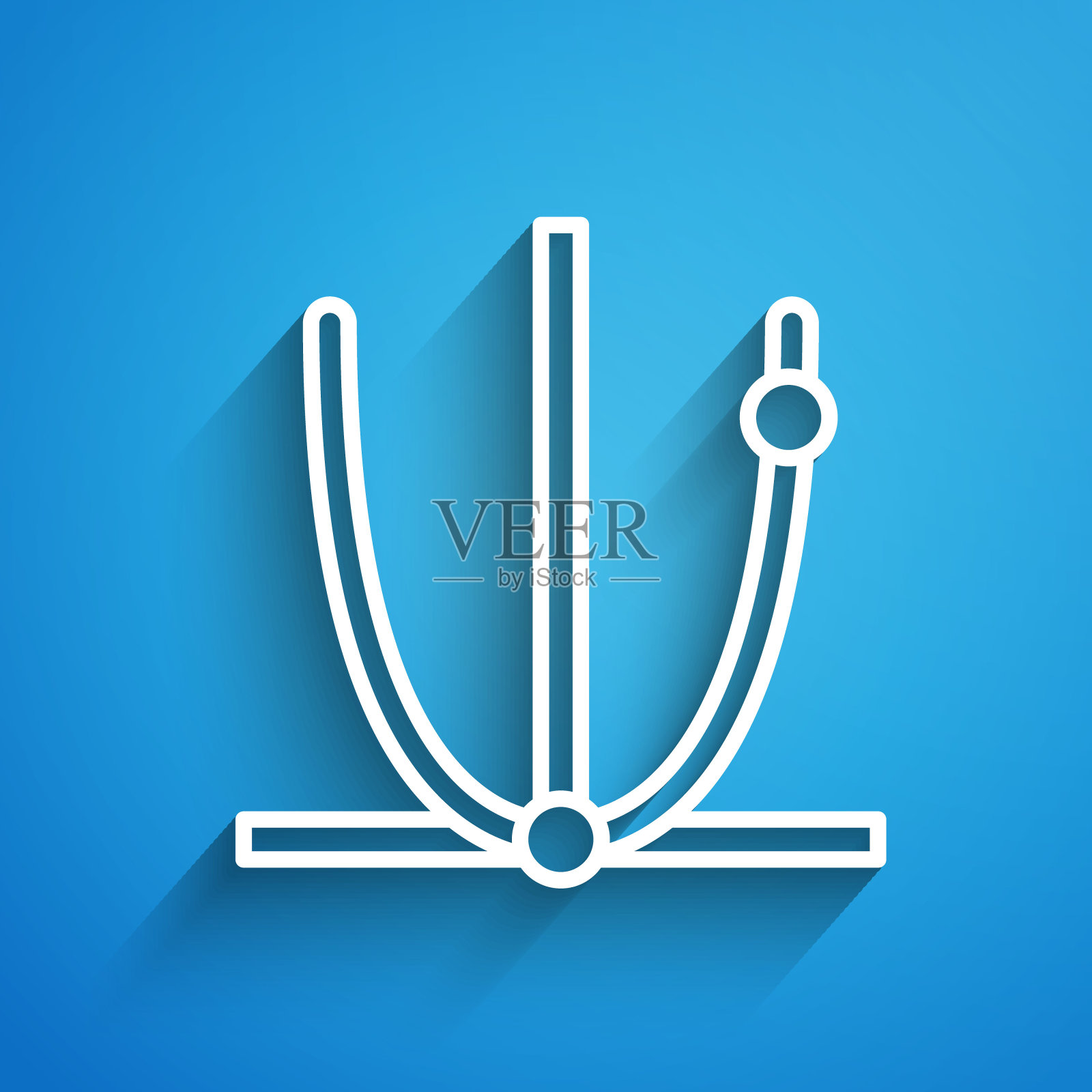 白线铃声图标孤立在蓝色背景上。报警标志、服务铃、手铃标志、通知标志。长长的阴影。矢量图插画图片素材