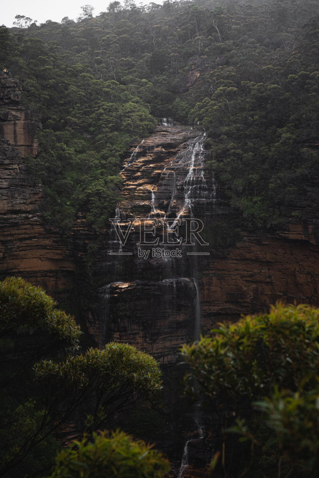 在一个阴沉的雨天,温特沃斯瀑布。蓝山,新南威尔士州。照片摄影图片