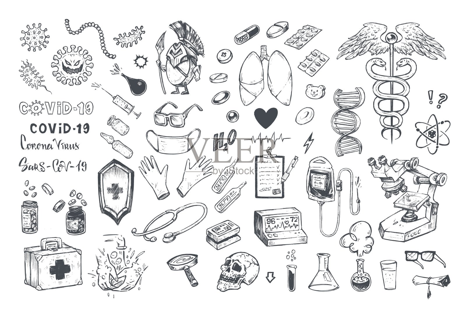 医疗图标冠状病毒Covid-19,肺,疫苗和药丸,医院或实验室设备隔离白色。一套医疗保健符号手绘素描涂鸦矢量插图插画图片素材