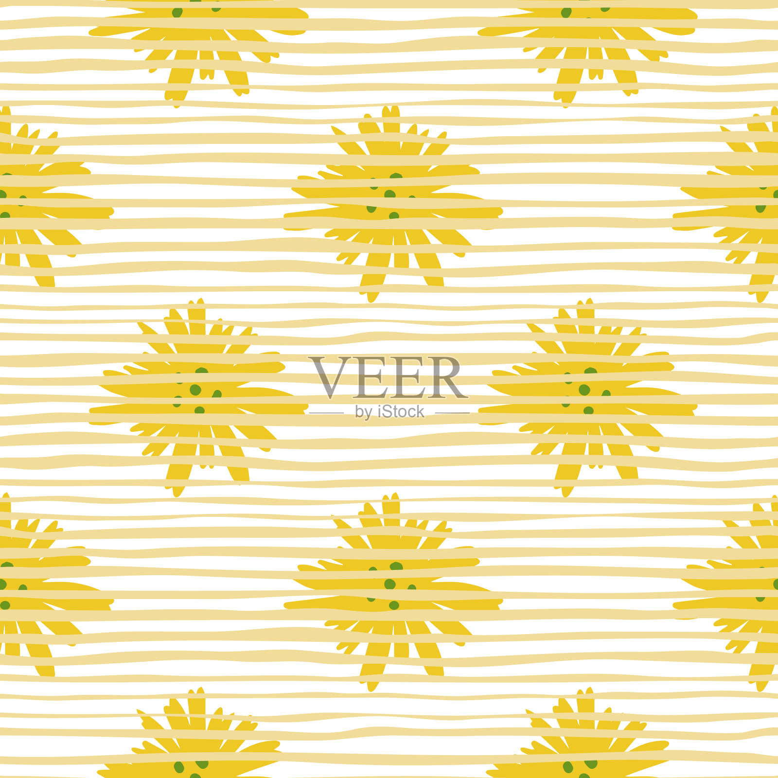 黄色雏菊图案在涂鸦风格条纹背景。洋甘菊花无缝图案。插画图片素材