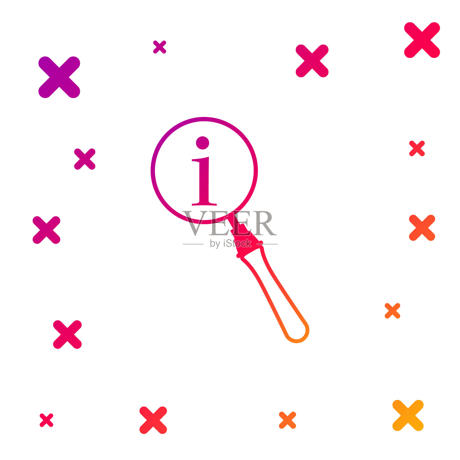 彩色放大镜和信息图标隔离在白色背景。用信息符号搜索。梯度随机动态形状。矢量图图标素材