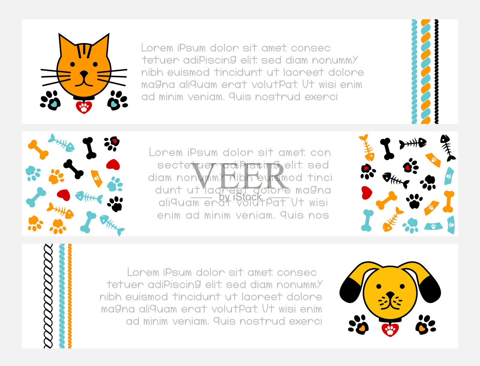 宠物店横幅收藏。矢量水平飞行在蓝色和红色的颜色。插画图片素材