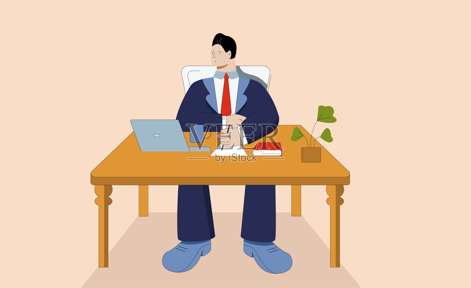 卡通商人在西装工作在笔记本电脑在工作场所矢量图形插图插画图片素材