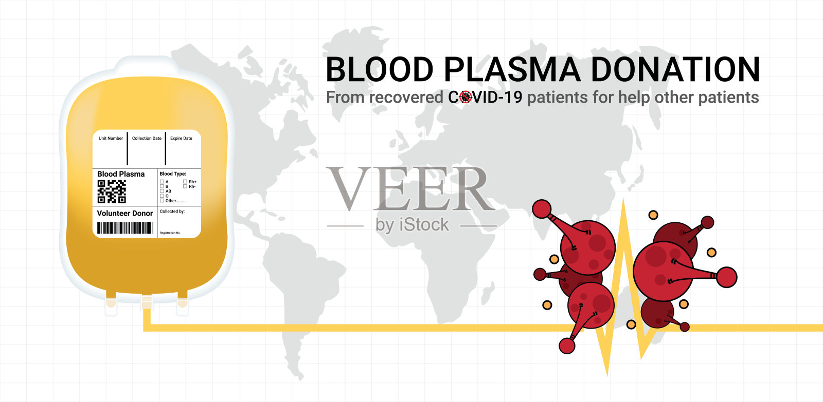 Covid-19康复患者献血血浆。2019冠状病毒病感染治疗研究。捐出袋子。医疗保健科学概念插画图片素材