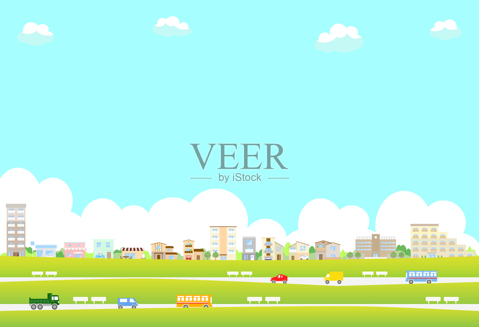 城市景观城市交通,房屋,学校,商店插画图片素材