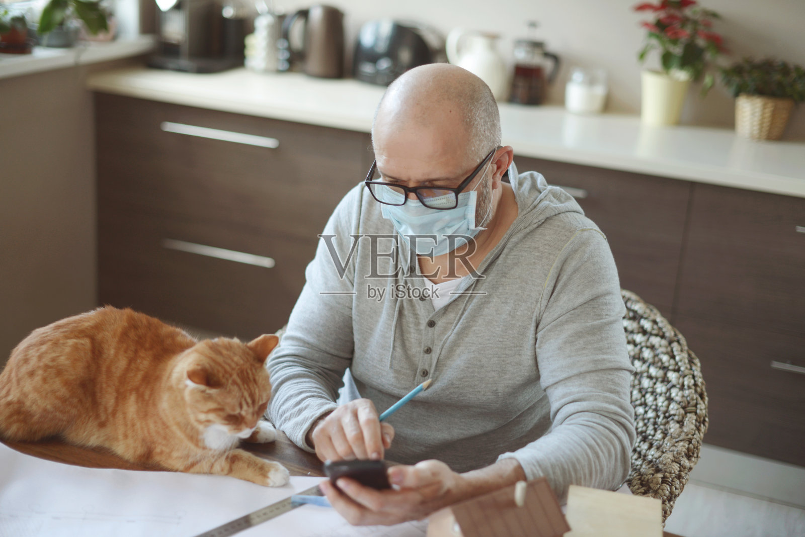 成年男人在家和猫一起工作(戴着面具)照片摄影图片