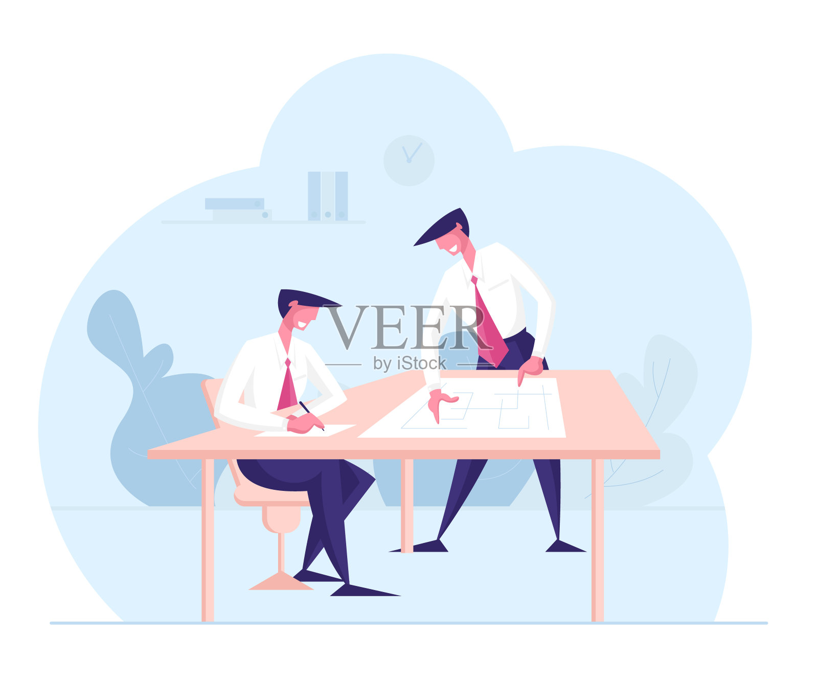 商务人士性格讨论项目在办公室。公司团队头脑风暴办公室协作。工作流程管理,数据分析,想法开发。卡通矢量图插画图片素材