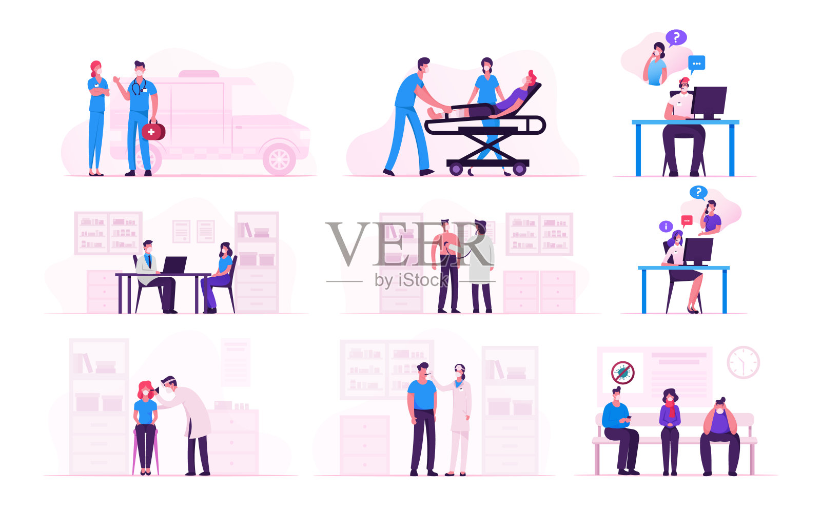 设定新冠肺炎大流行期间戴医用口罩就诊的男女角色。全球冠状病毒感染流行、隔离、自我隔离。卡通矢量人物插图插画图片素材