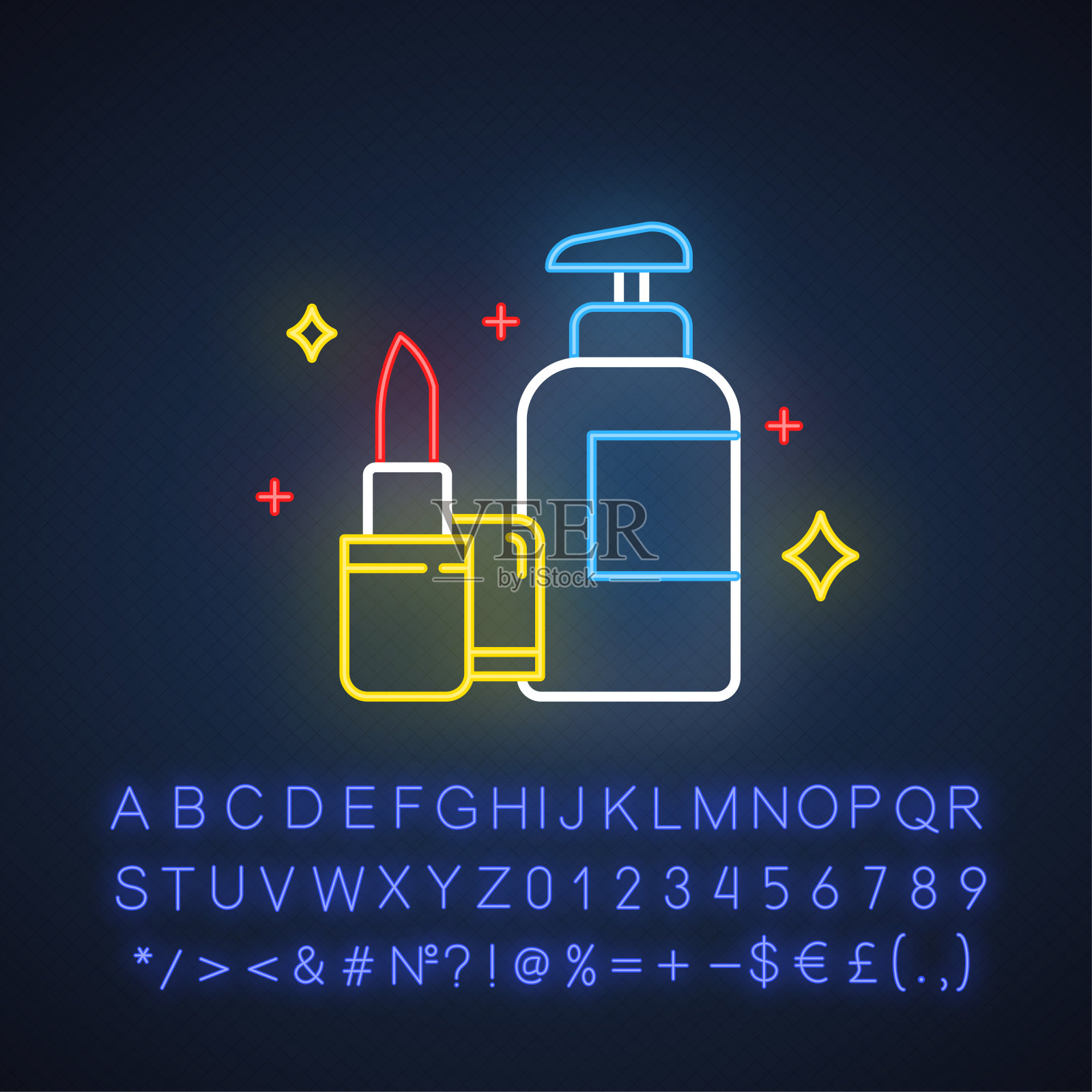 美容和个人护理霓虹灯图标。化妆和护肤产品。电子商务部,网上购物品类。有字母、数字和符号的发光符号。向量孤立的插图插画图片素材