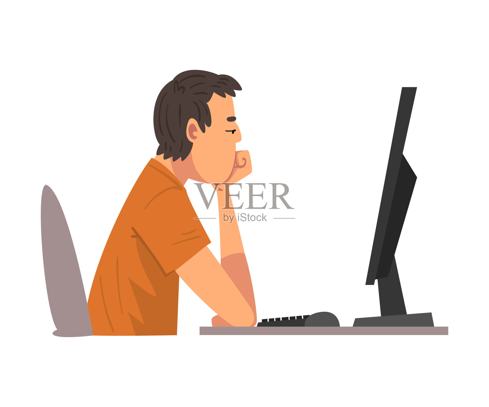 无聊的人用电脑工作,懒惰的男性员工坐在办公桌前,侧视图矢量插图插画图片素材