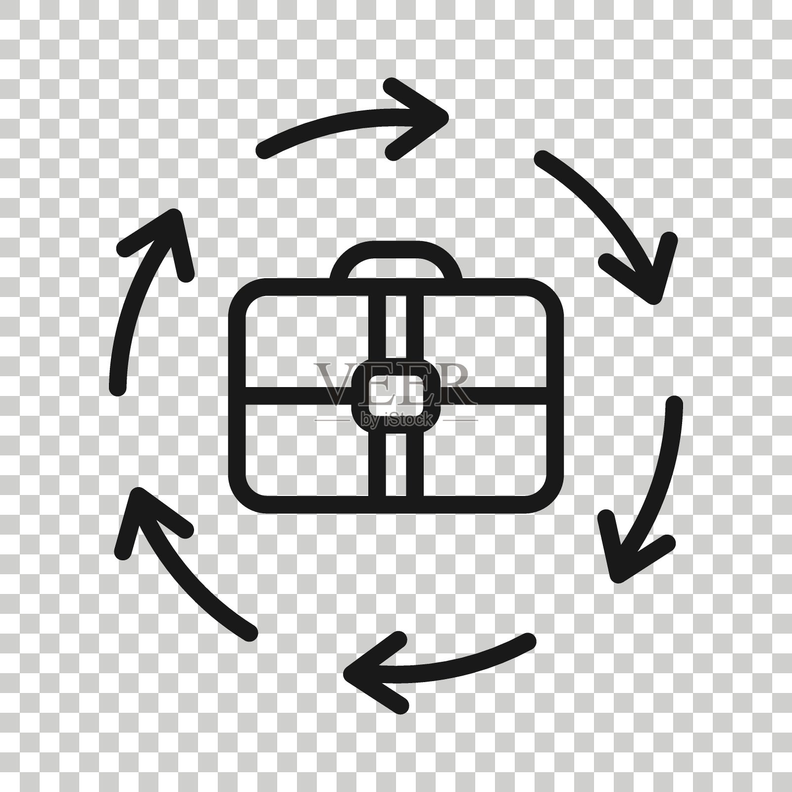 公文包与箭头图标在平坦的风格。商人袋矢量插图在白色孤立的背景。投资组合的业务概念。图标素材