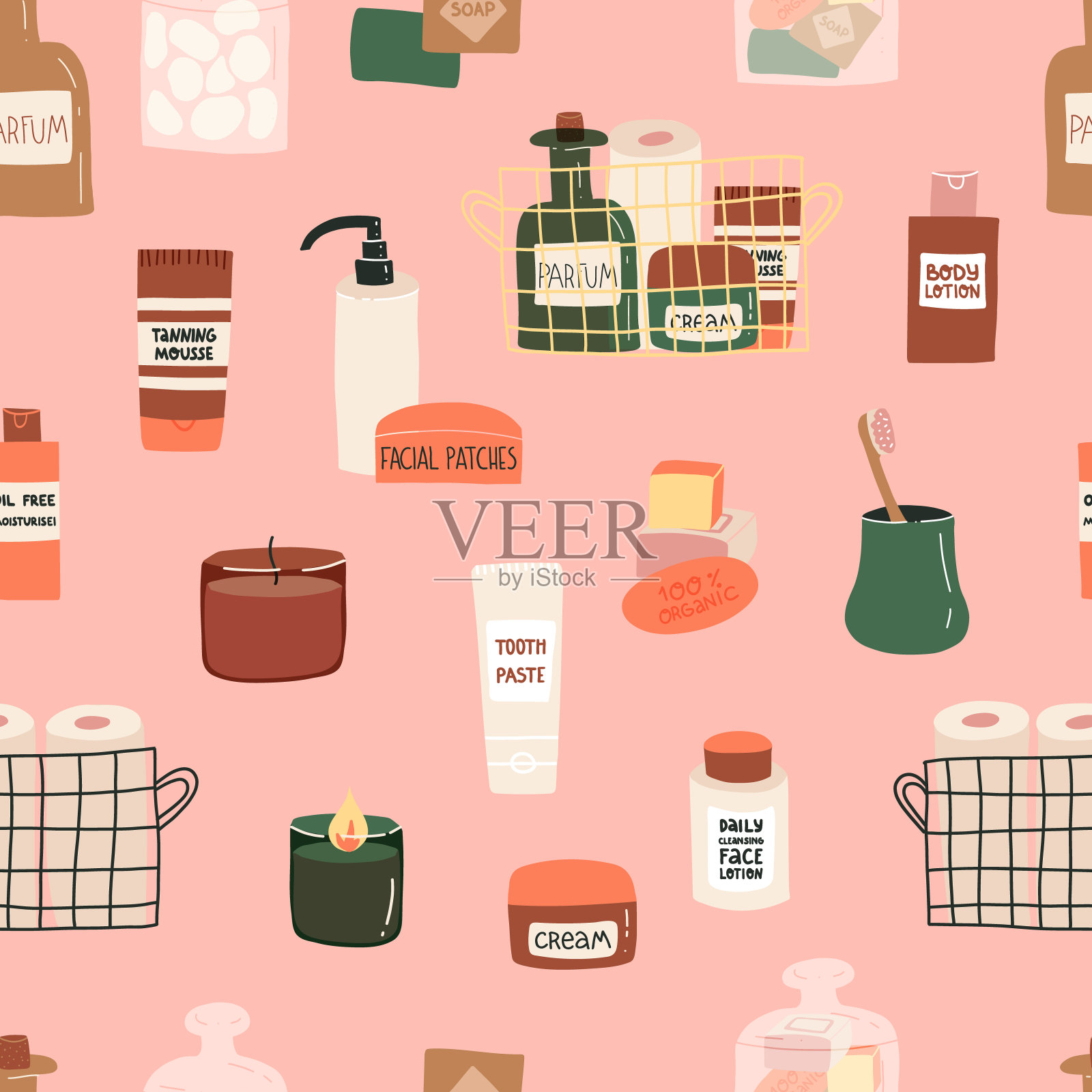 浴室和淋浴间的各种配件和面部和身体化妆品的乐趣无缝矢量图案在粉红色的背景与木材天然牙刷,纸巾卷,有机肥皂棒等。插画图片素材