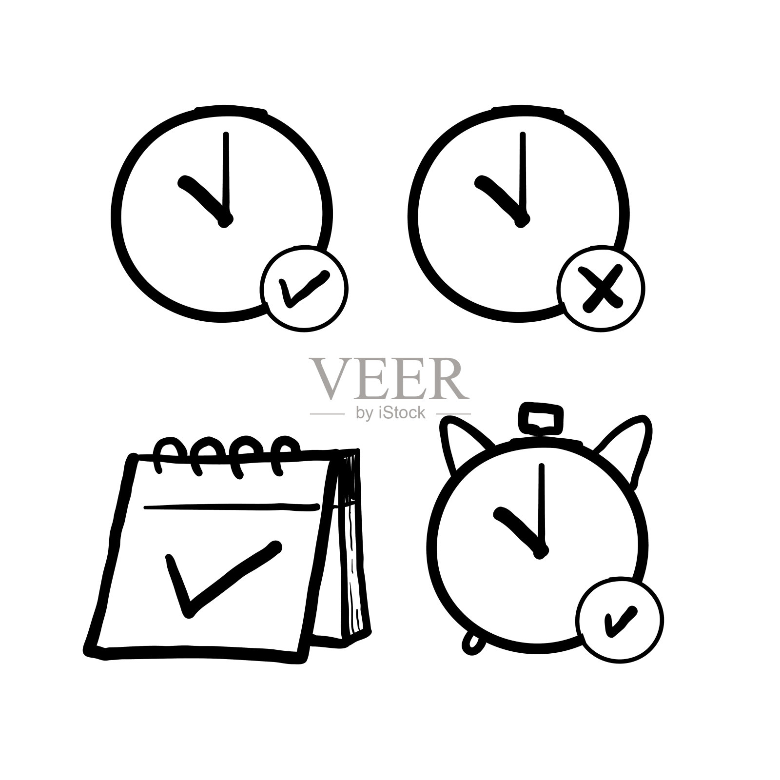 手绘日历和时钟相关的线图标集。时间和日期线性图标。倒计时和定时器图标素材