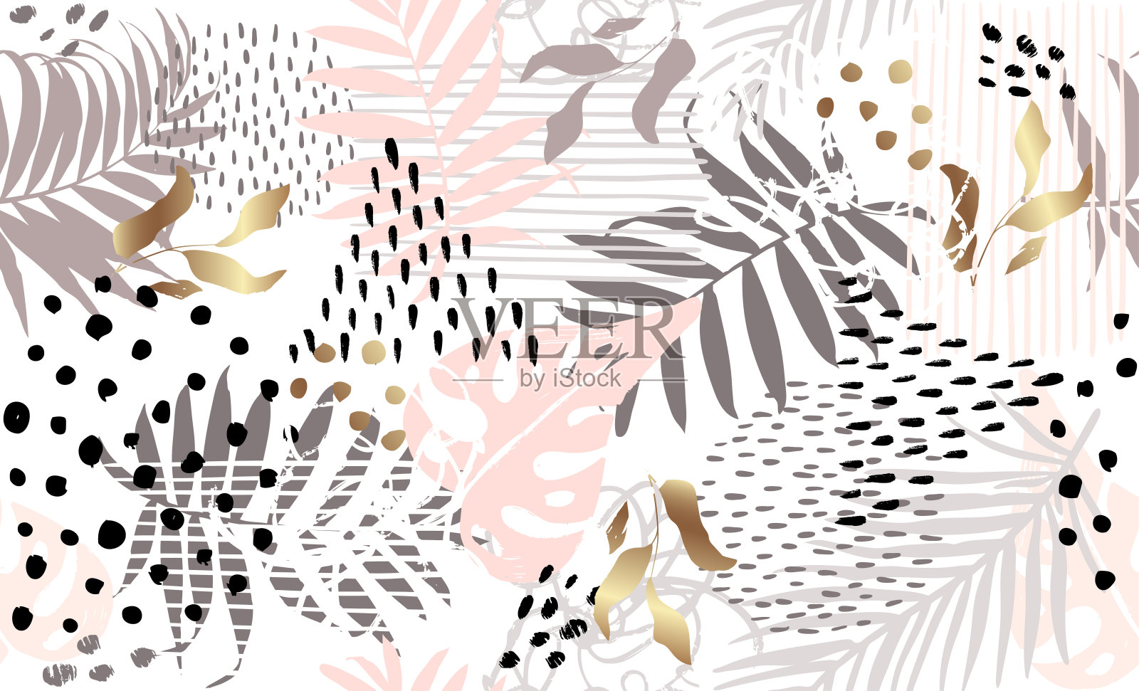 热带植物和金色元素无缝异域风情图案矢量手绘插画图片素材