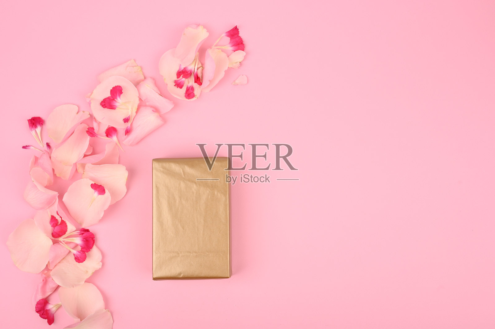 顶视图的礼盒,花瓣孤立的粉红色与复制空间照片摄影图片