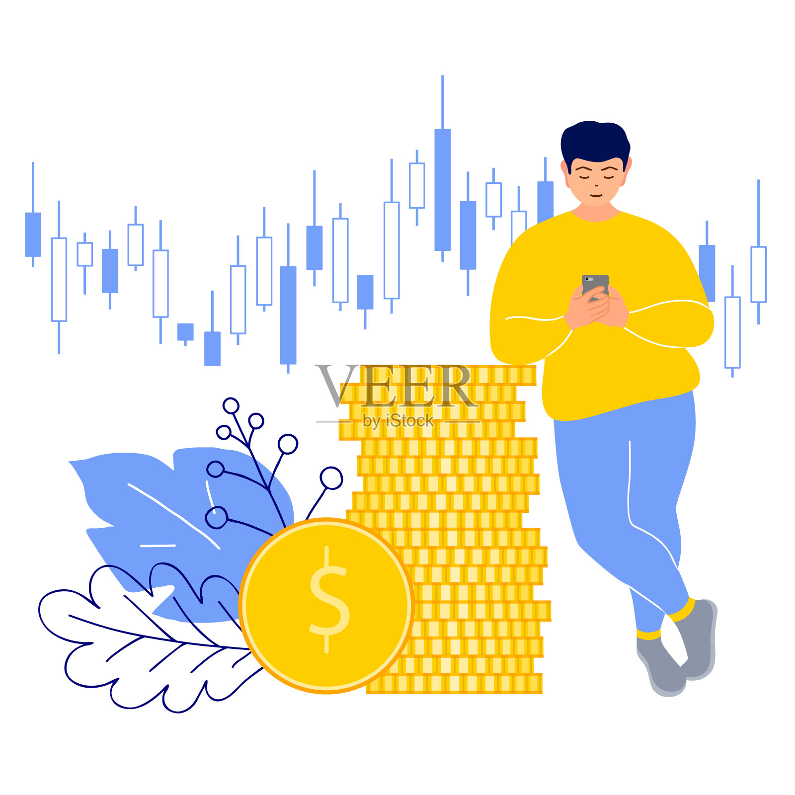 一个成功的商人用手机在网上做生意。投资股票和外汇市场。向量。插画图片素材