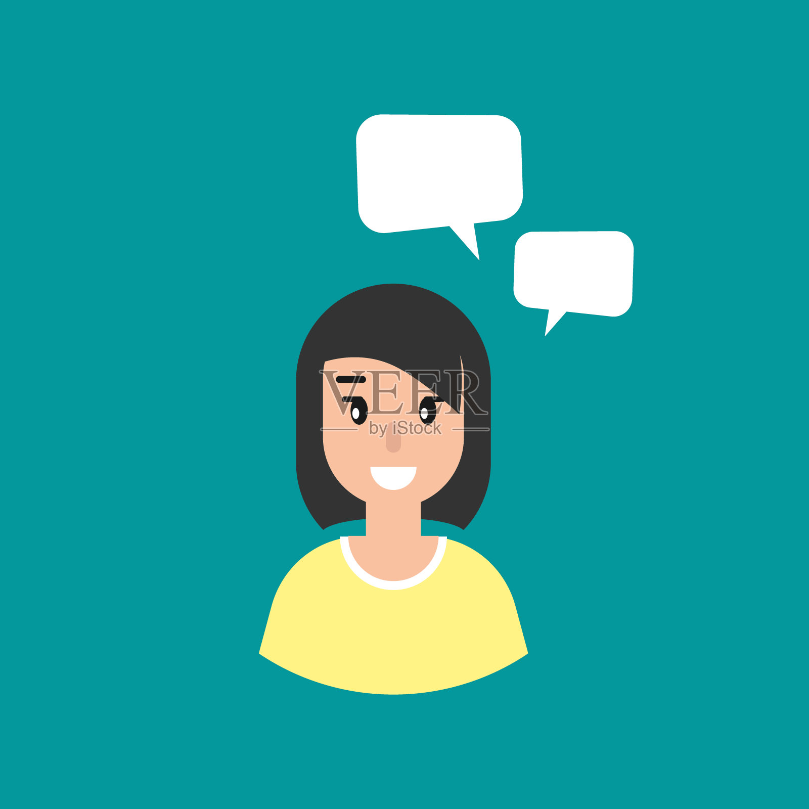 在蓝色背景下说话泡泡的快乐女孩。说话,聊天信息,沟通,信使的概念插画图片素材