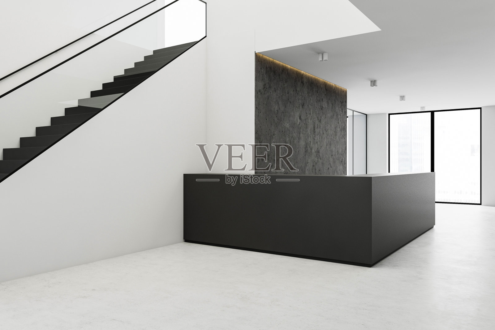 接待处设在有楼梯的办公大厅照片摄影图片