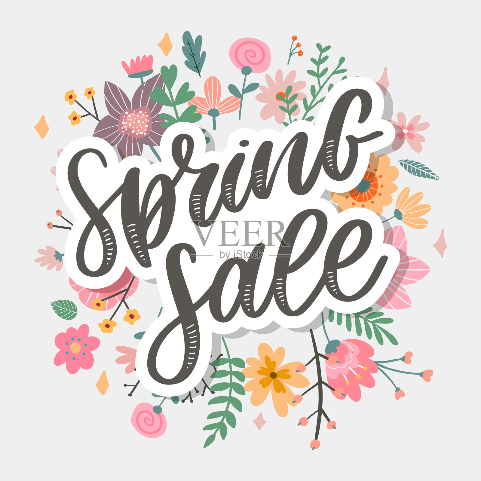 春天的销售字挂在树叶上。矢量图花插画图片素材