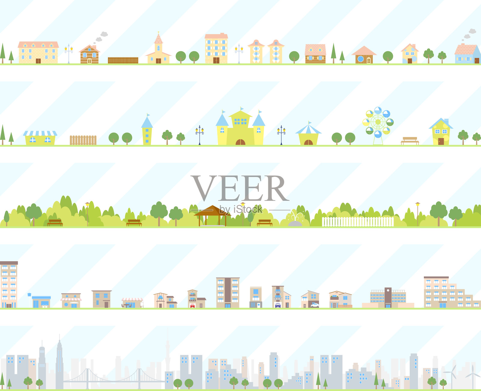 住宅小区、公园、学校、建筑、游乐场等插画图片素材