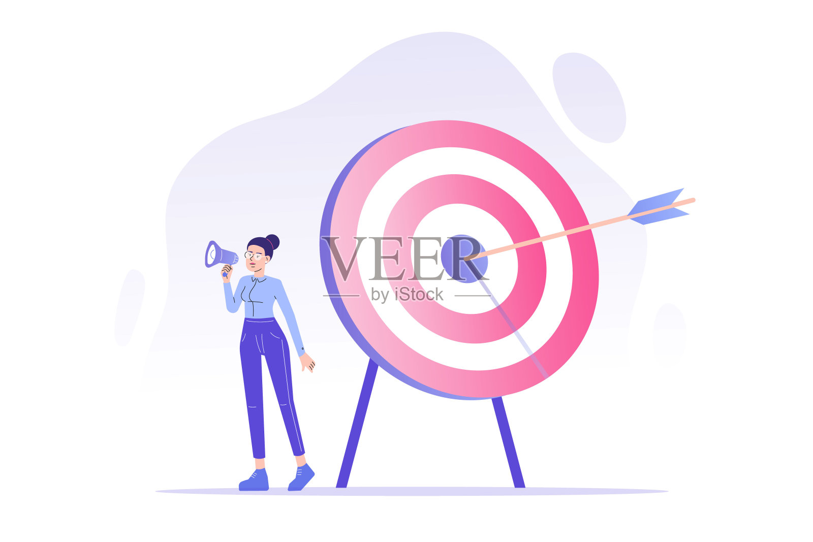 目标市场营销的概念。女公关经理用扩音器吸引顾客。成功的商业或消费者目标。焦点小组。目标的成就。网络广告。矢量图插画图片素材