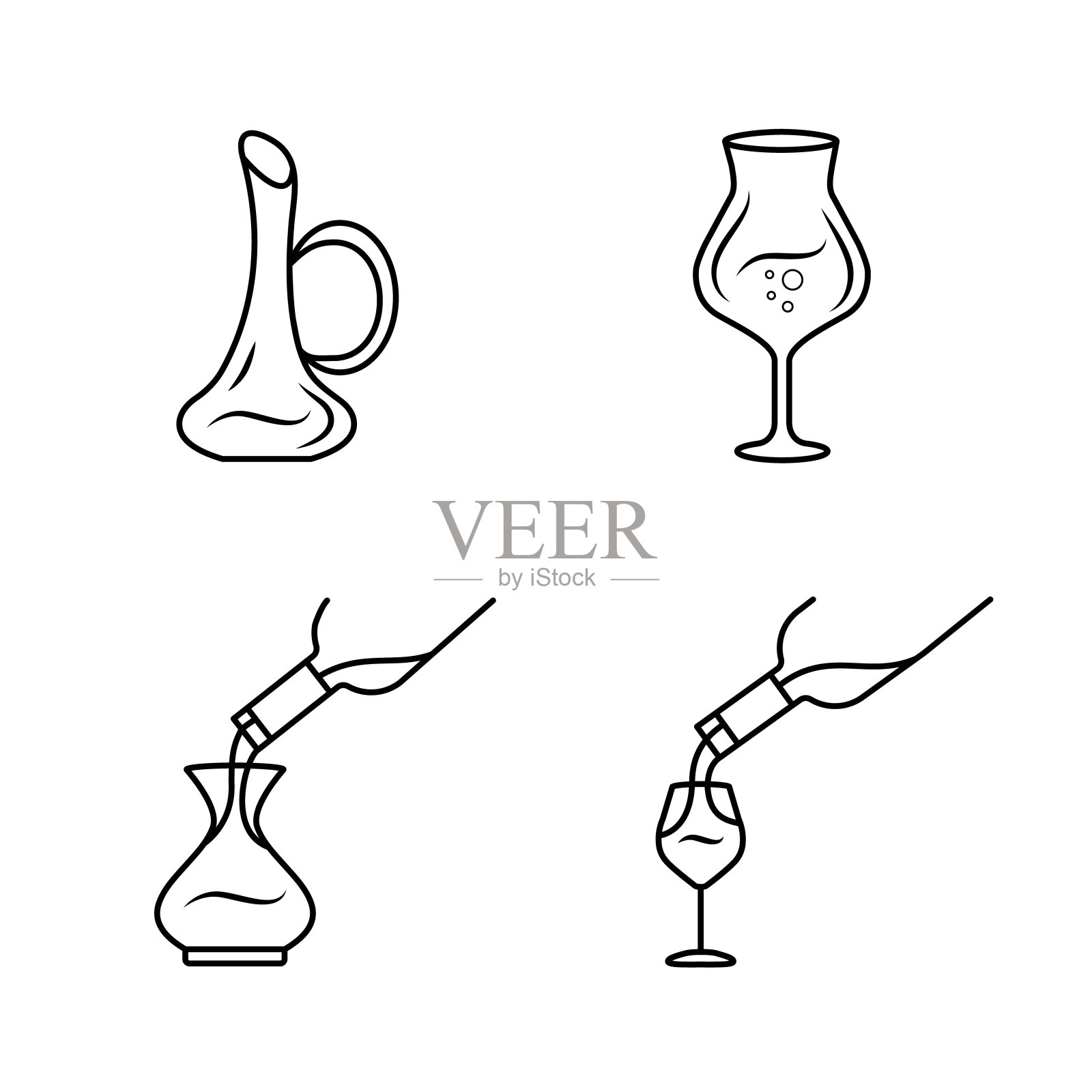 葡萄酒服务线性图标集。酒精饮料倒在玻璃上轮廓符号细线。酒吧,酒吧酒杯,醒酒器。孤立矢量大纲插图。可编辑的中风插画图片素材