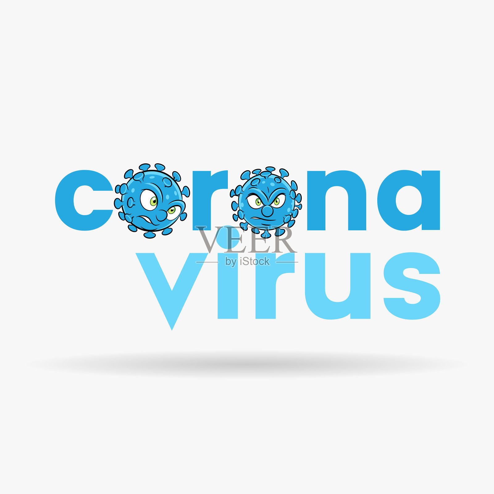 冠状病毒卡通头与蓝色小写字母插画图片素材