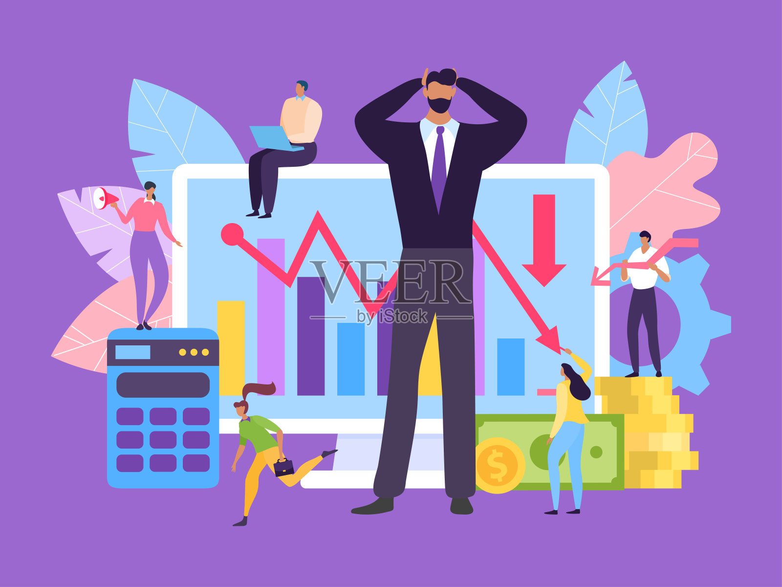 金融危机概念,企业团队合作矢量插图。电脑屏幕上的下降图表。股市工作人员陷入恐慌插画图片素材