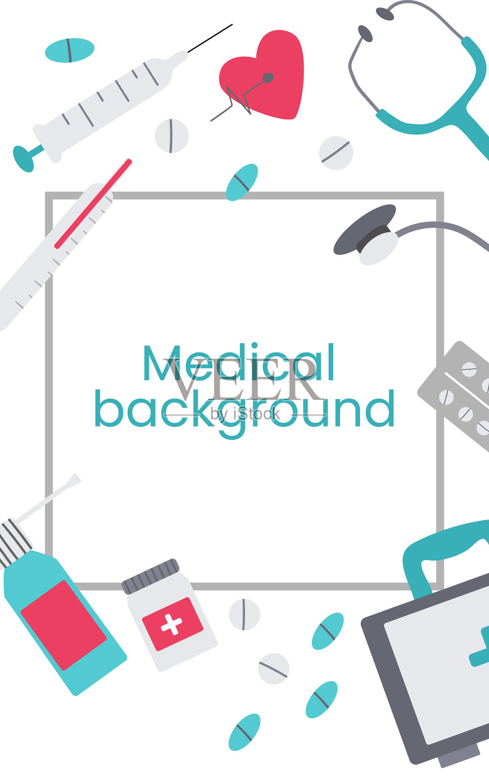 医疗垂直横幅与图标有关的医院,诊所。平面彩色矢量边框,框架设计海报,传单,小册子,网页。孤立的插图与复制空间插画图片素材