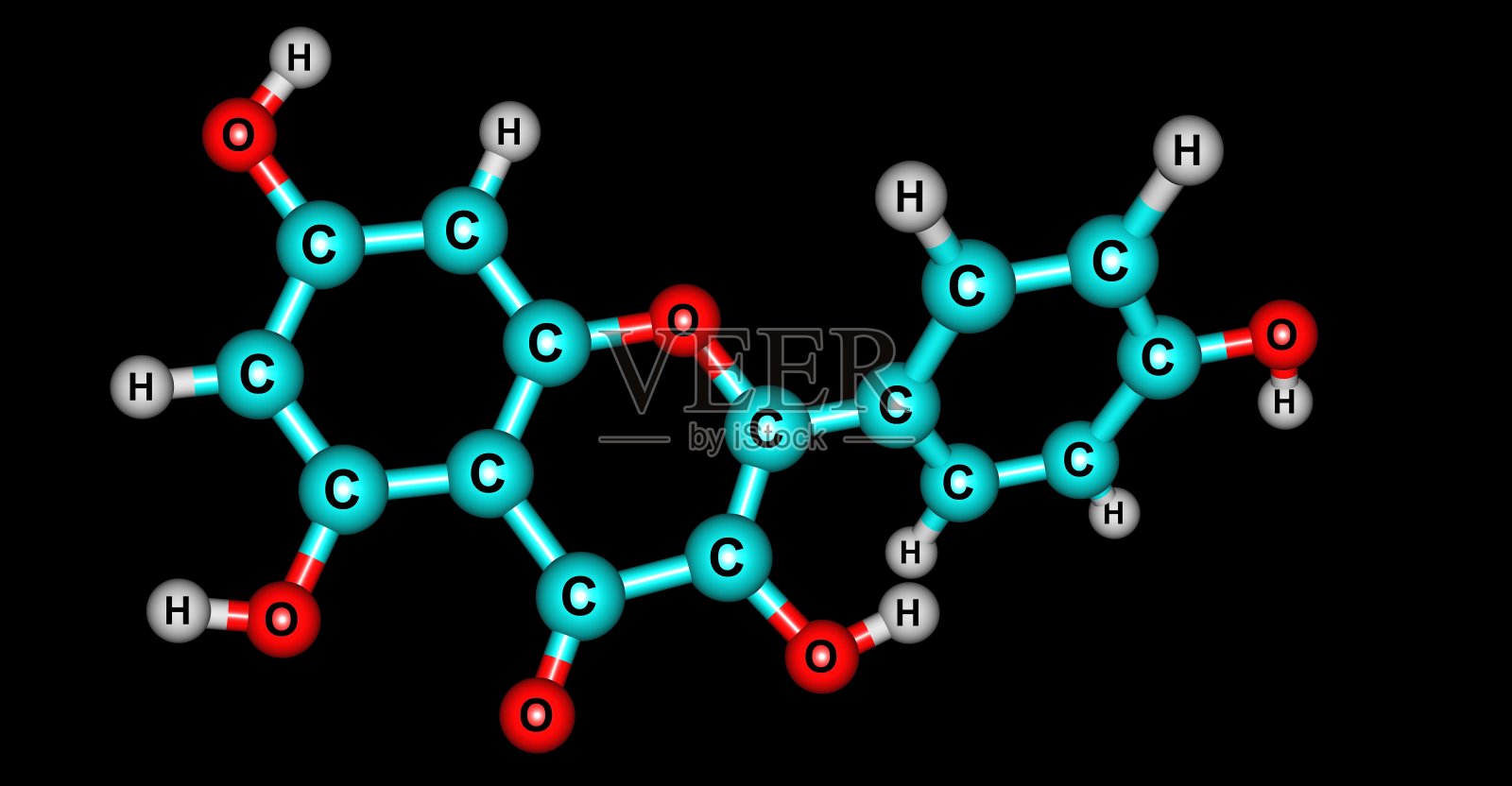 山奈酚分子结构分离图(黑色背景)照片摄影图片