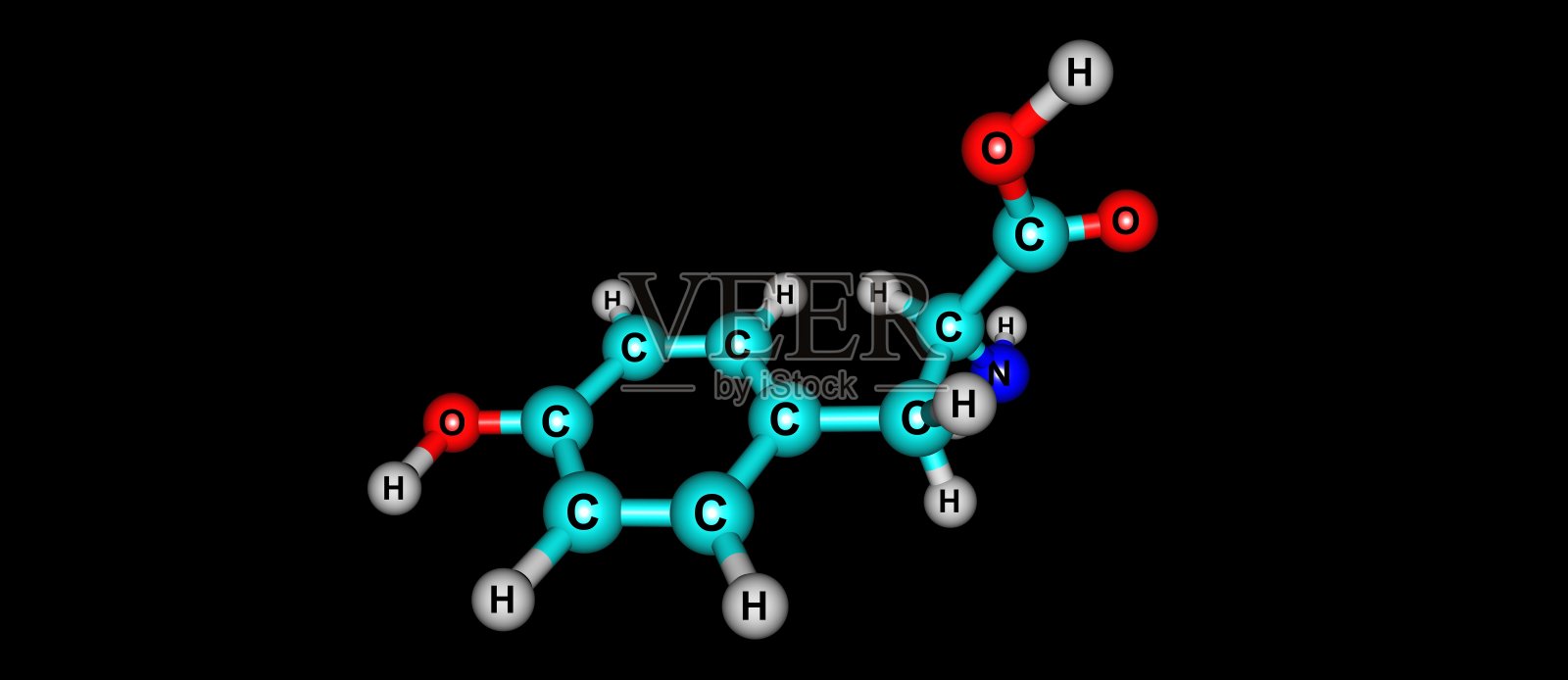 黑色背景下的酪氨酸分子结构照片摄影图片
