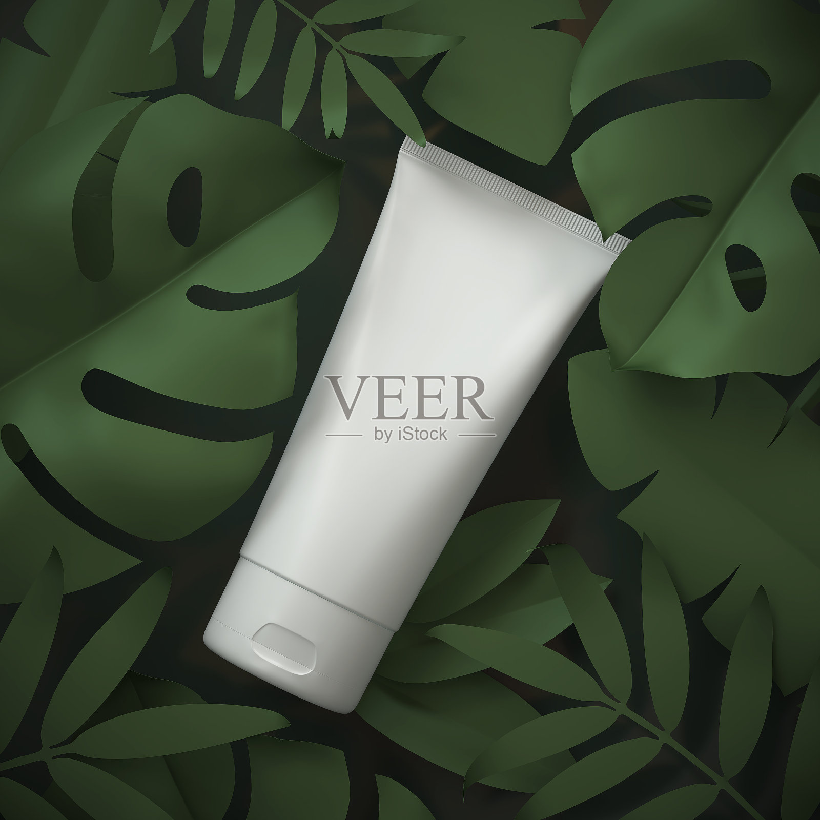 白色霜筒化妆品包装设计与热带植物。插画图片素材