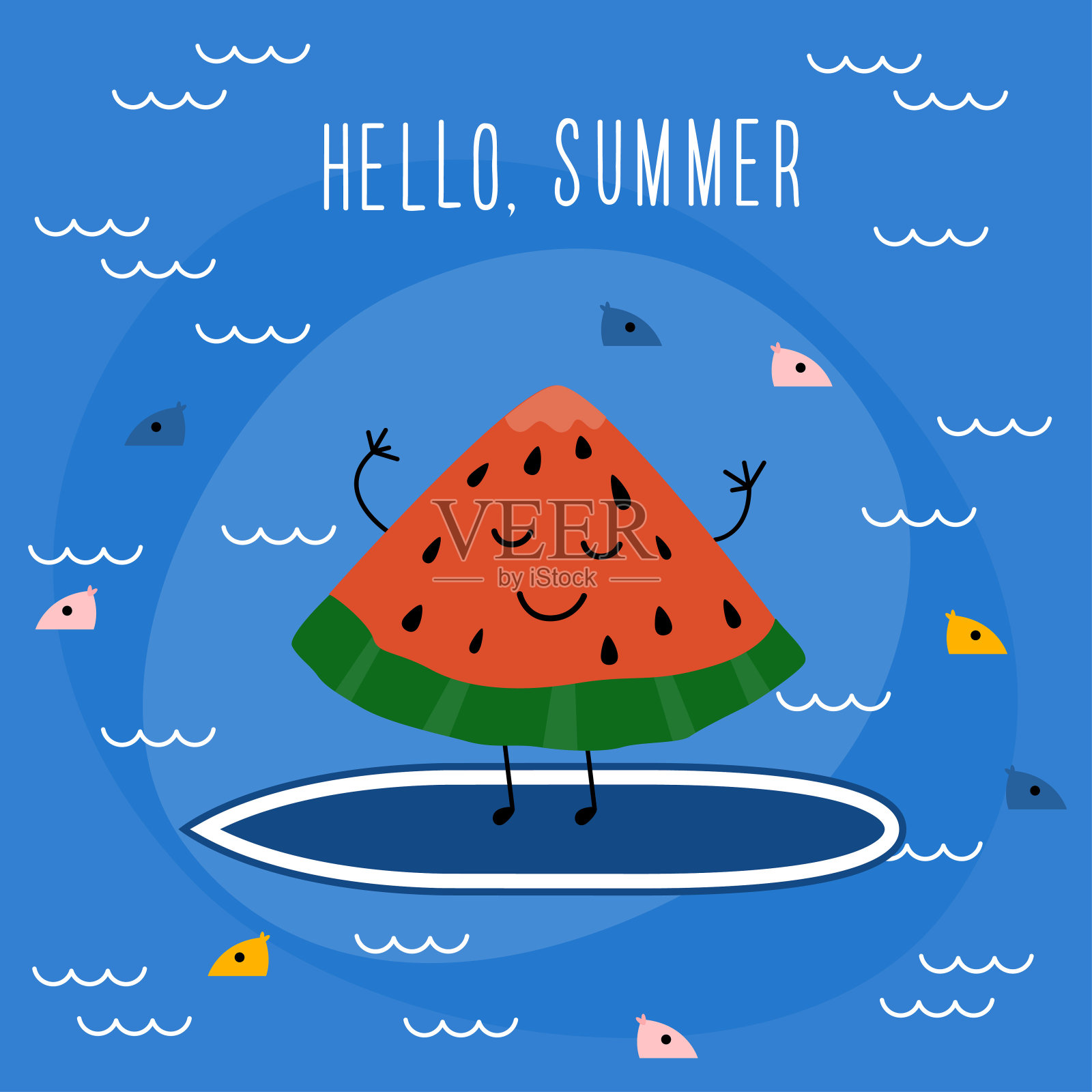 幼稚的卡片模板。有趣的卡通水果冲浪设计儿童派对邀请,生日卡背景,t恤或包打印,商店销售海报等。插画图片素材