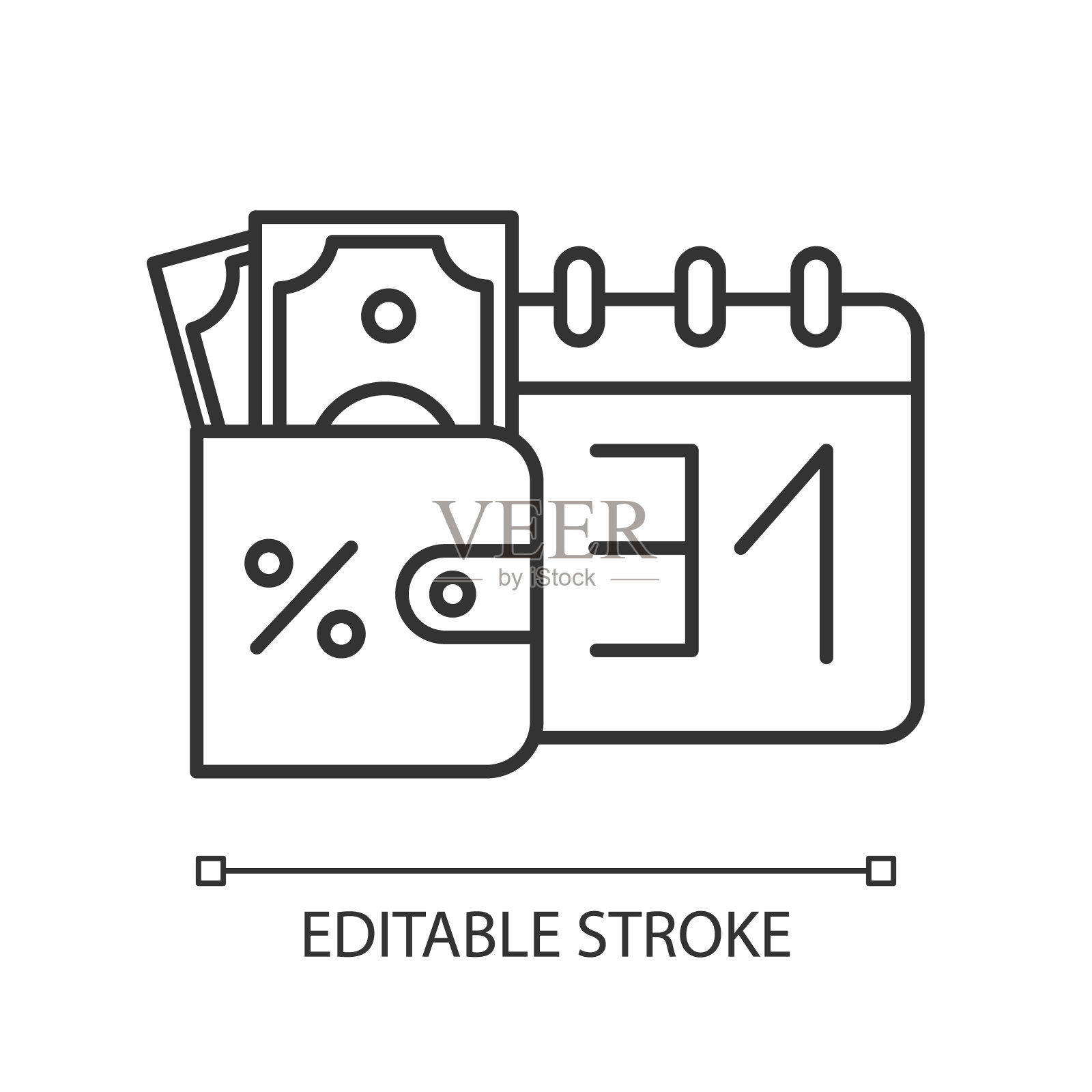 信用货币线性图标。发薪日贷款。货币的钱包。每月偿还贷款。预算管理。细线说明。轮廓的象征。矢量孤立轮廓绘制。可编辑的中风图标素材