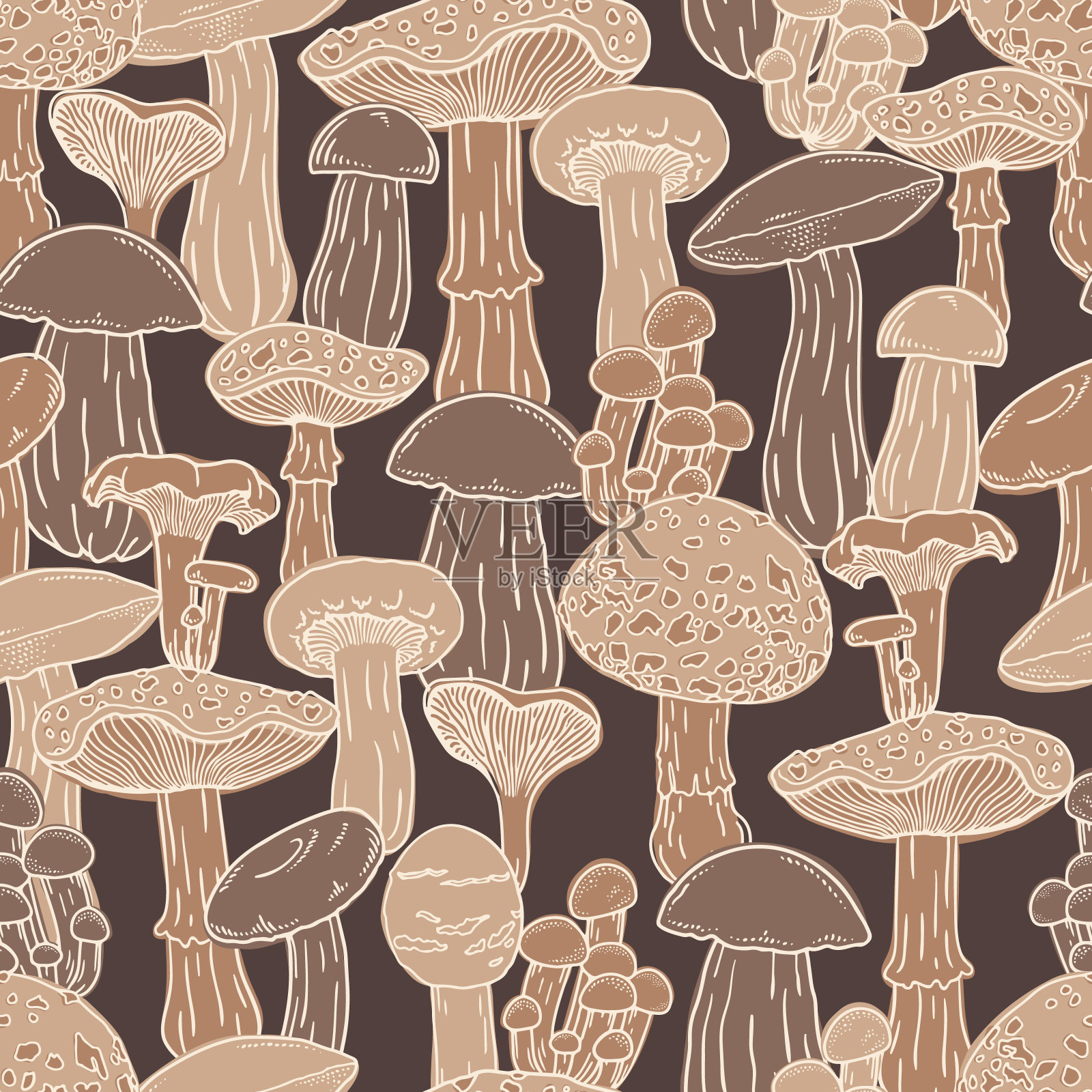 无缝模式与蘑菇在黑暗的背景插画图片素材