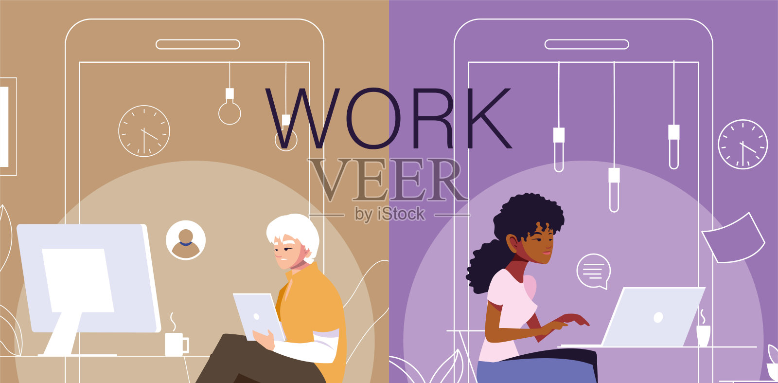 在她家里工作的一组卡片插画图片素材